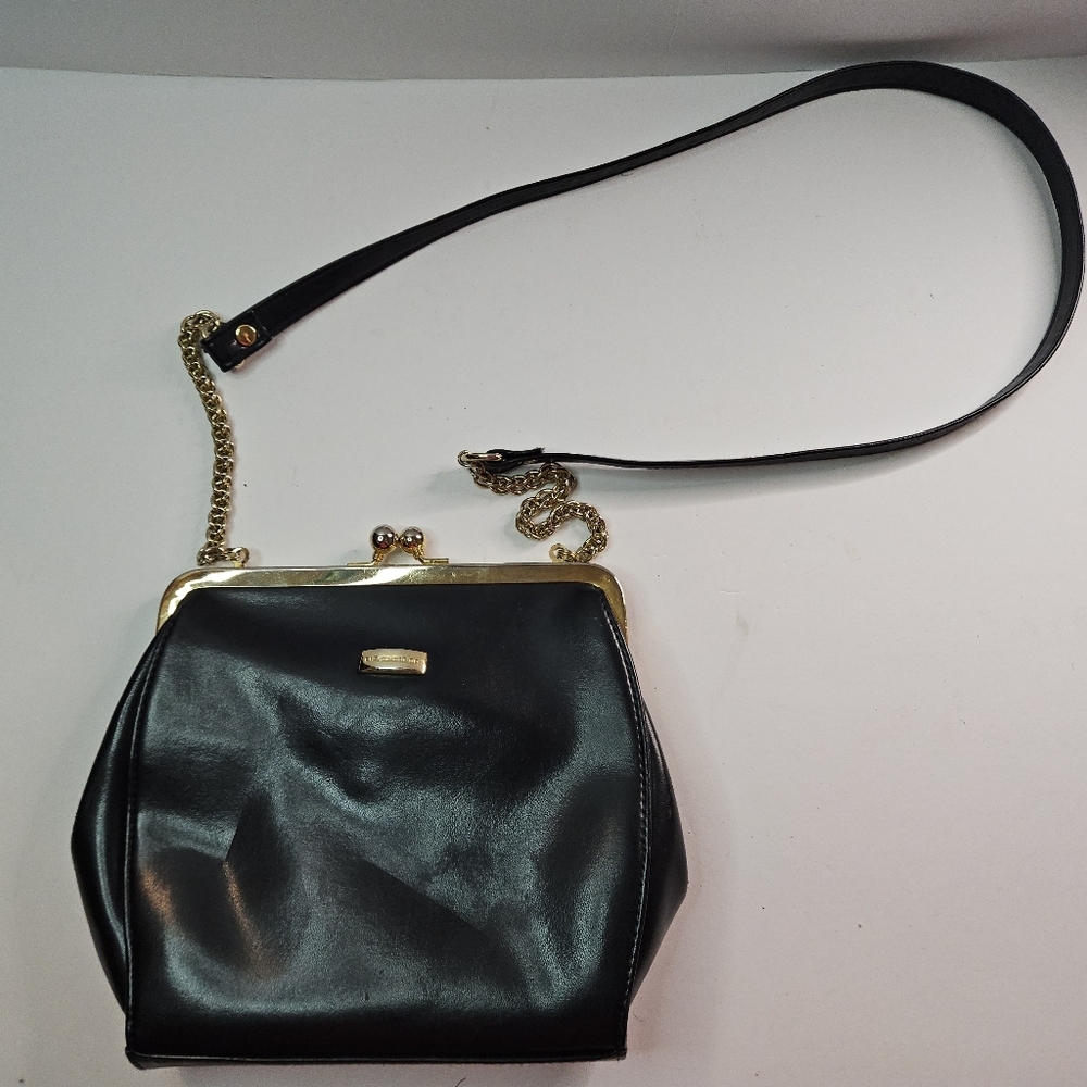 Vintage Liz Claiborne Navy with Gold snap purse. Adjustable 42" strap. EUC.